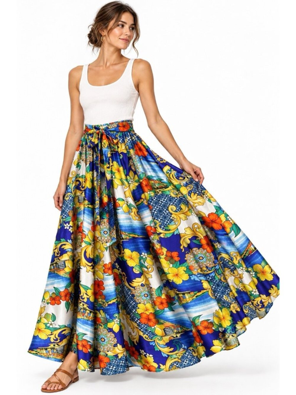 MAXIMALIST MEDITERRANEAN floral skirt LARGE maxi resort baroque scarf print